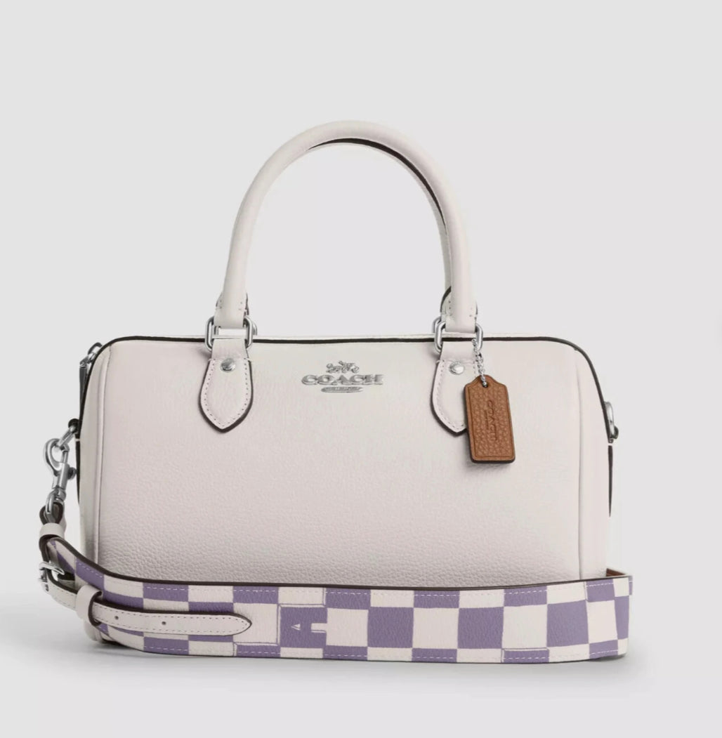 Coach Rowan Satchel Bag With Checkerboard Print - Silver/Light Violet/Chalk