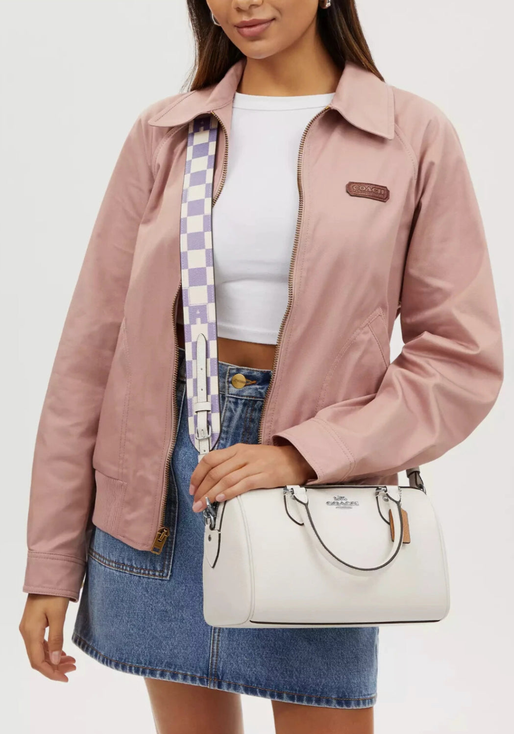 Coach Rowan Satchel Bag With Checkerboard Print - Silver/Light Violet/Chalk